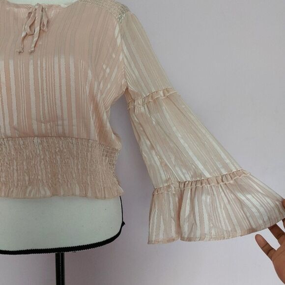 Angie Retro Pink Satin Metallic Bell Sleeves Smocked Cropped Top Size S NWT - Picture 6 of 12